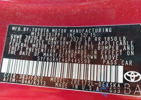 2016 Toyota Corolla L/Le/Le Pls/Prm/S/S Pls z USA, uszkodzony, nr VIN 5YFBURHE4GP445598